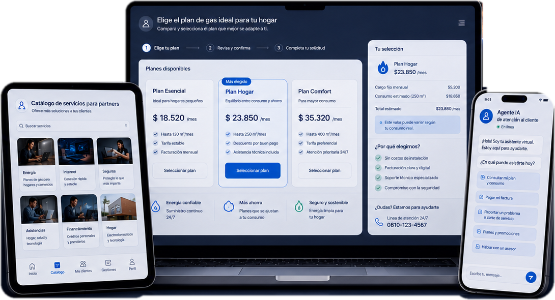 Mockups de PC, tablet y móvil con venta de servicios, catálogo para partners y Agente IA de atención al cliente