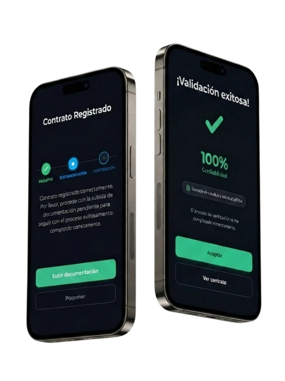 Pantallas móviles reales de registro de contrato y validación exitosa