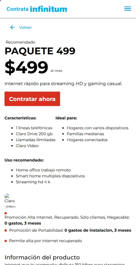 Ficha móvil de un paquete de Producto Infinitum