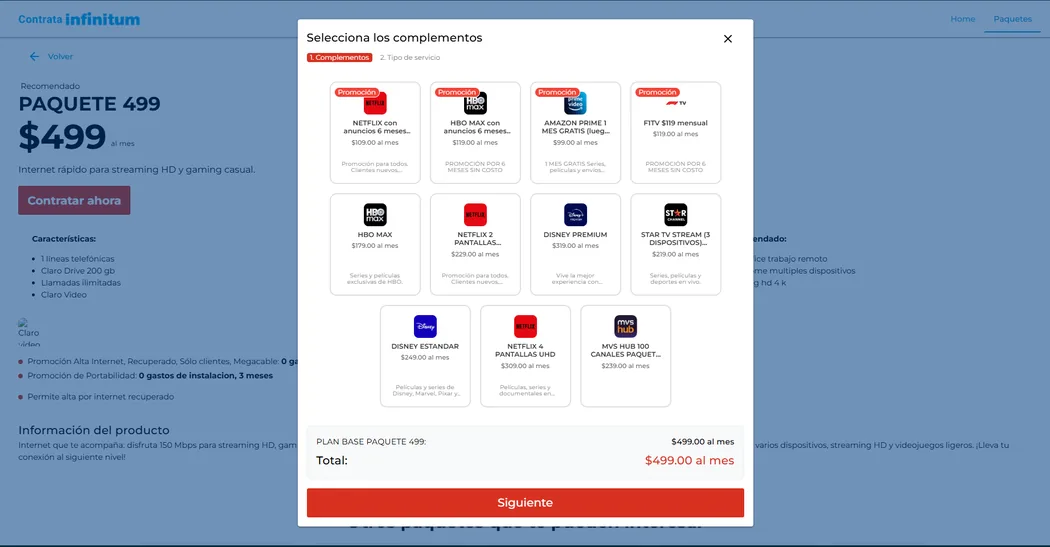 Selección de complementos de un paquete Infinitum