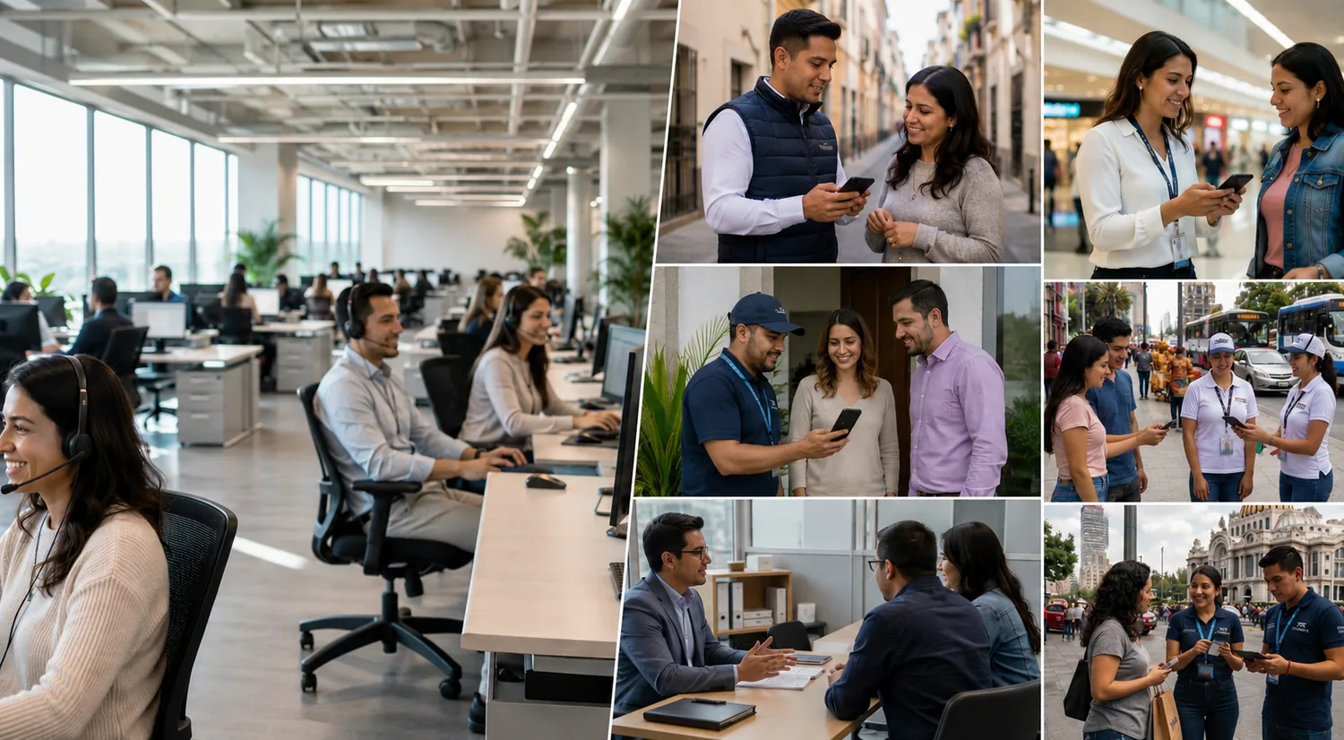 Promotores, call center, dirección y equipos operativos trabajando conectados