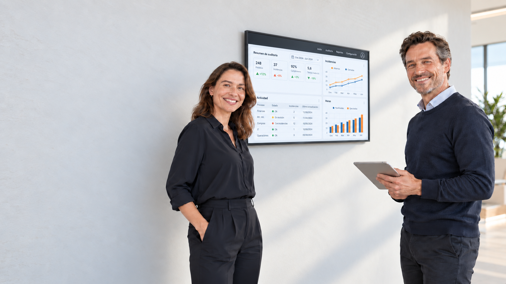 Dos consultores sonrientes junto a una pantalla EPMOPS con analítica de incidencias, actividad y horas
