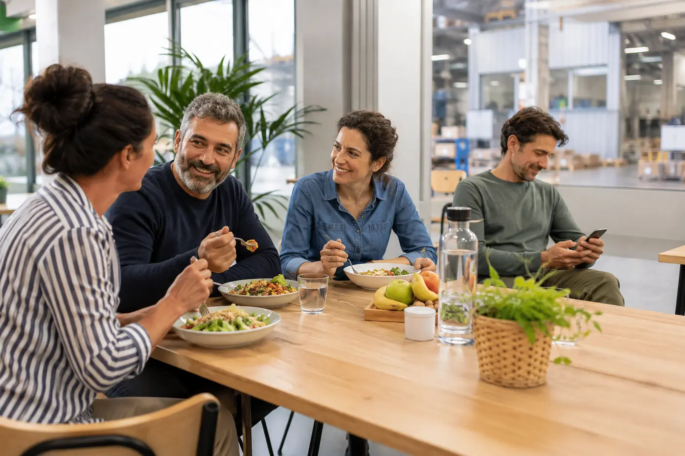Equipo compartiendo una comida saludable en la empresa