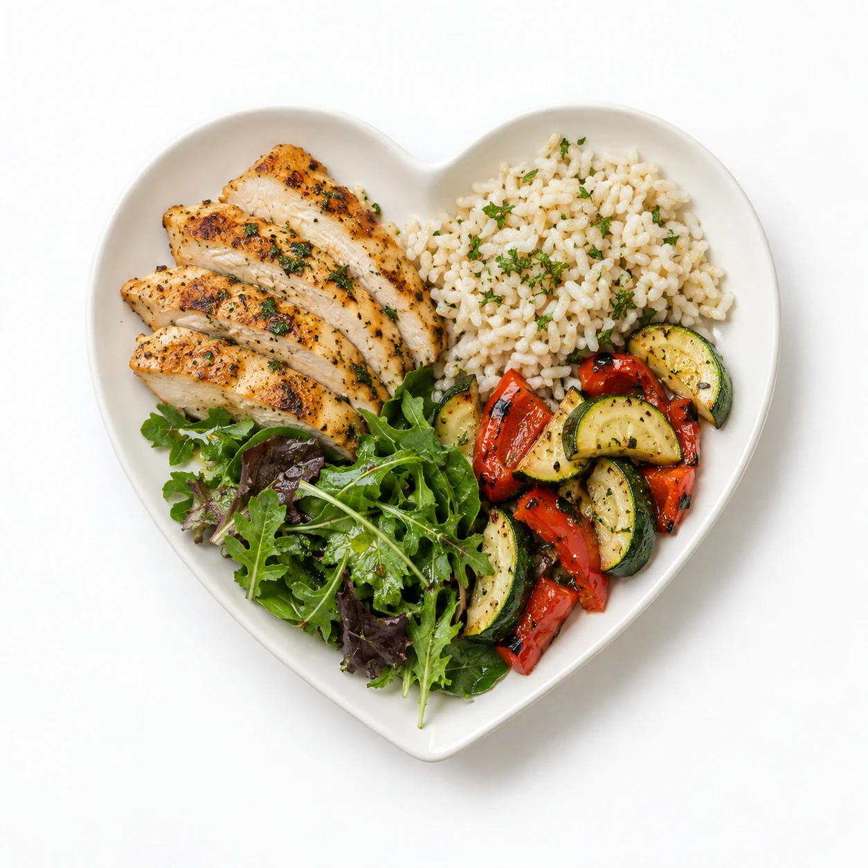 Plato de cerámica en forma de corazón con pollo, arroz, verduras asadas y hojas verdes
