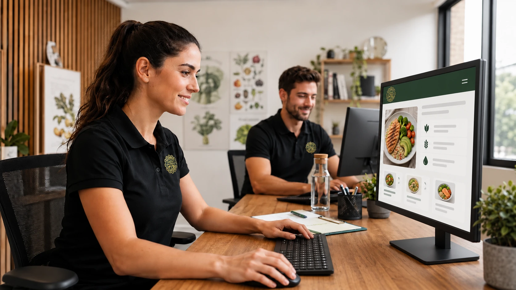 Dos nutricionistas de La Fábrica revisando propuestas en un ordenador