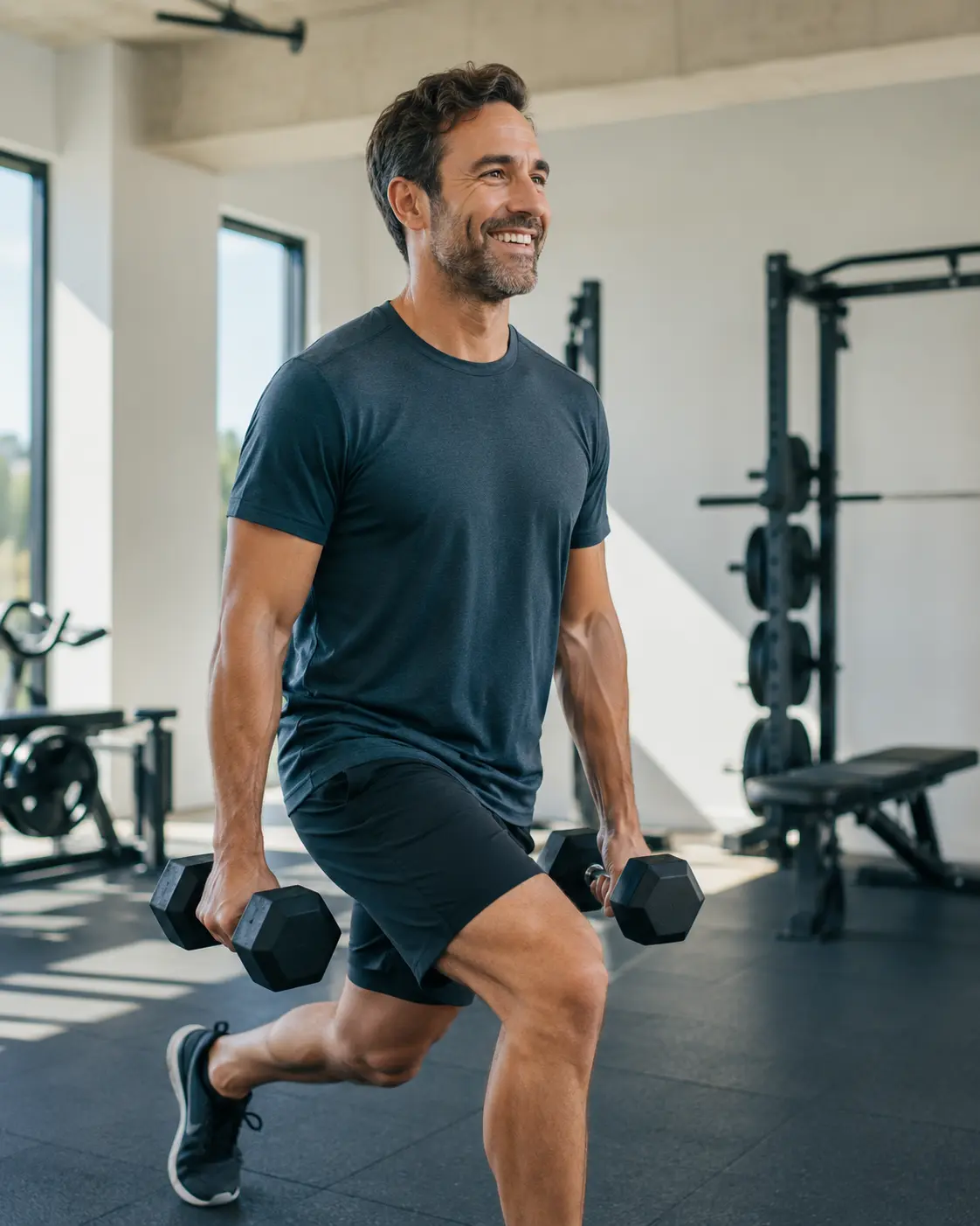 Hombre entrenando fuerza con mancuernas