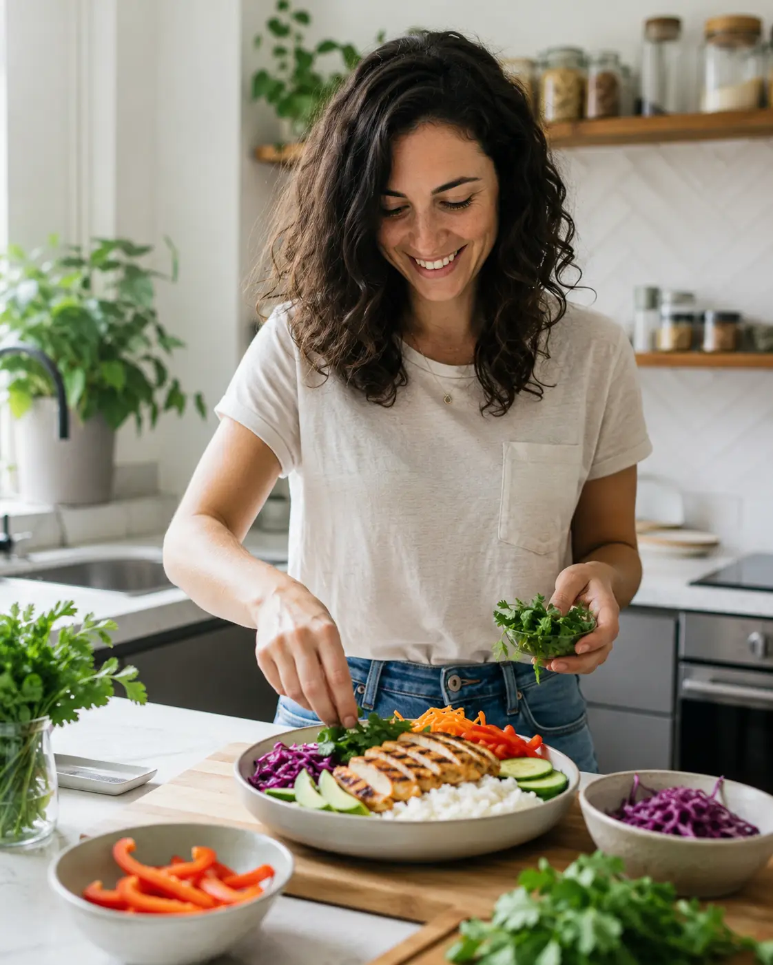 Mujer sonriente preparando una comida variada en su cocina