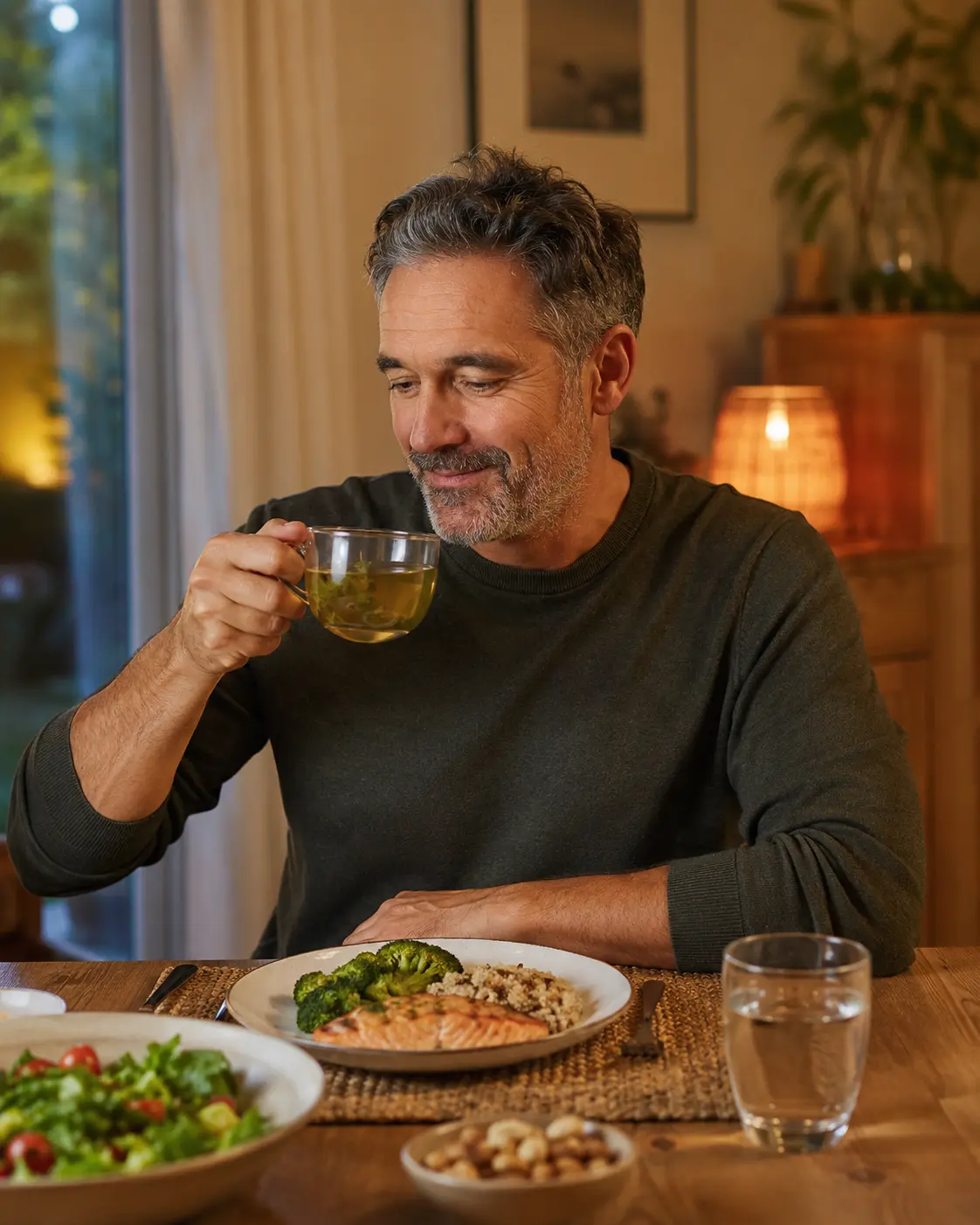 Hombre disfrutando de una cena tranquila en casa
