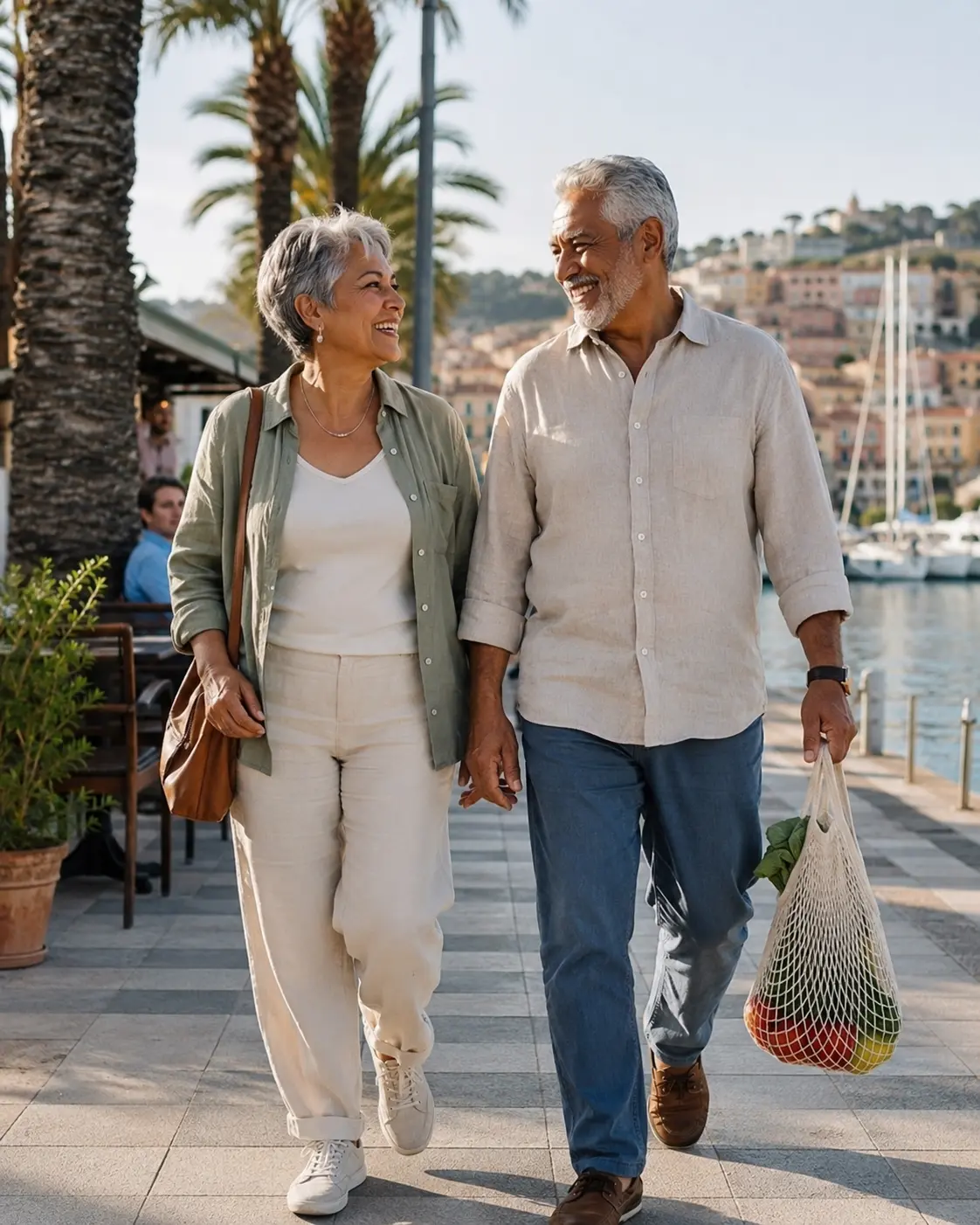 Pareja adulta paseando junto al mar