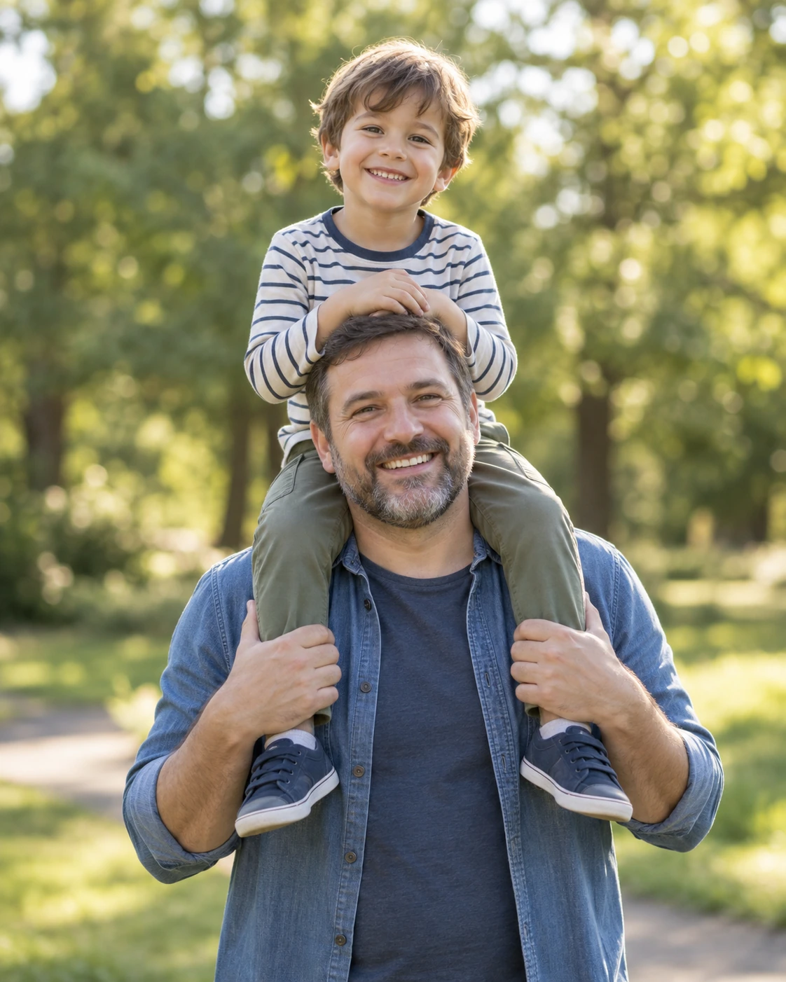 Padre jugando con su hijo sobre los hombros
