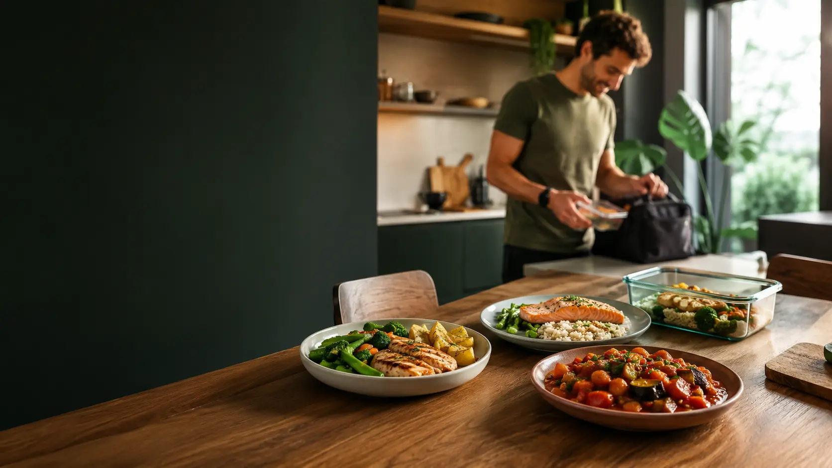 Platos individuales equilibrados y un táper de vidrio, preparados para llevar en una cocina cálida