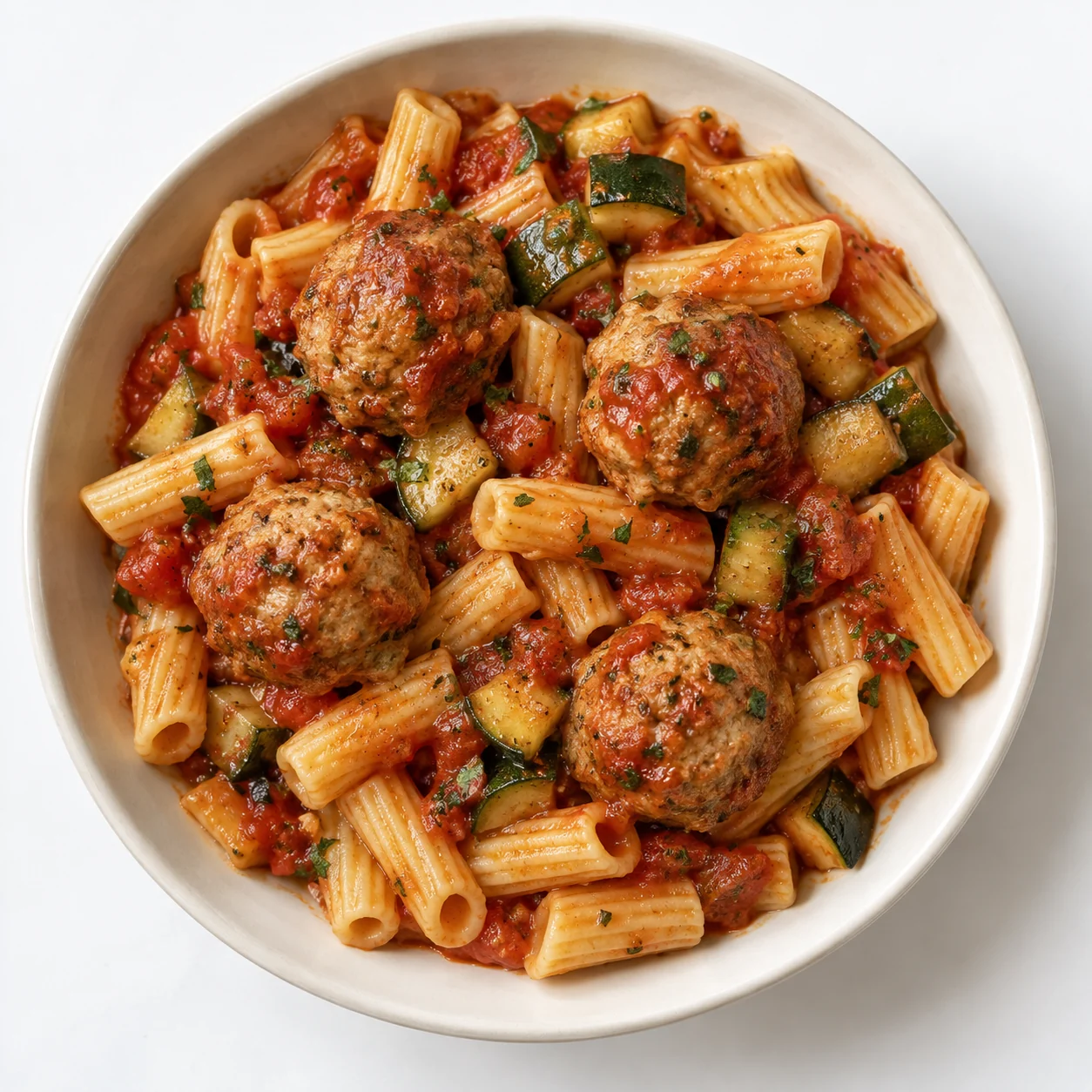 Pasta con albóndigas de pavo y tomate