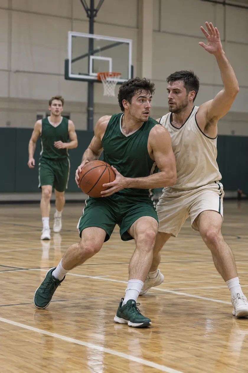 Jugadores de dos equipos disputan un partido de baloncesto en un pabellón
