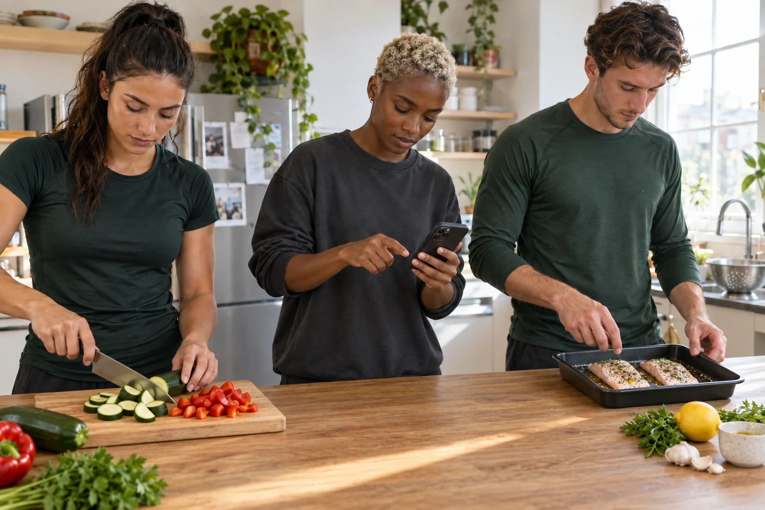 Dos mujeres y un hombre jóvenes deportistas consultan recetas y preparan ingredientes diferentes en una cocina compartida