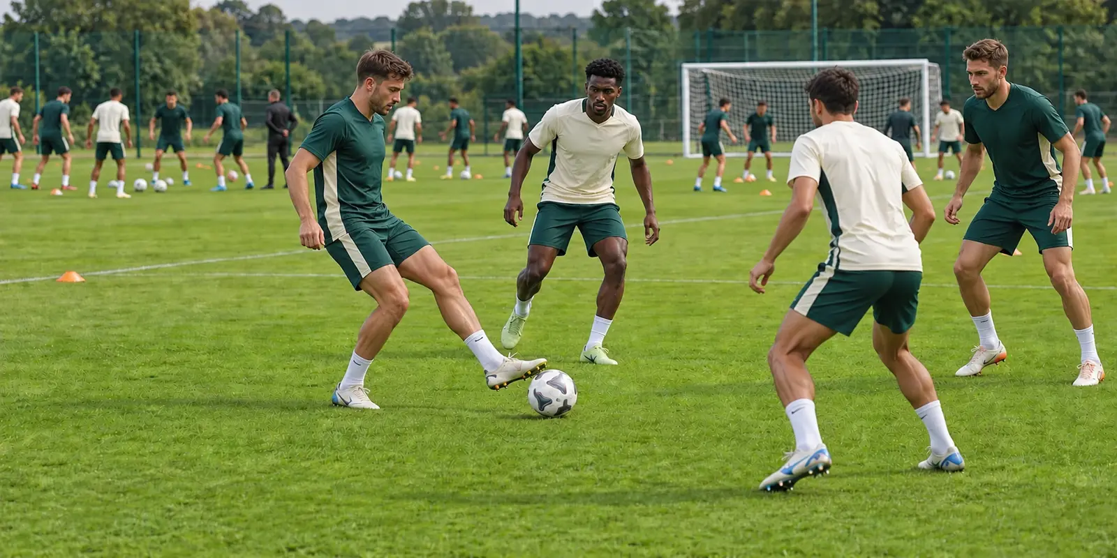Un equipo masculino de fútbol practica pases y ejercicios técnicos en su campo de entrenamiento