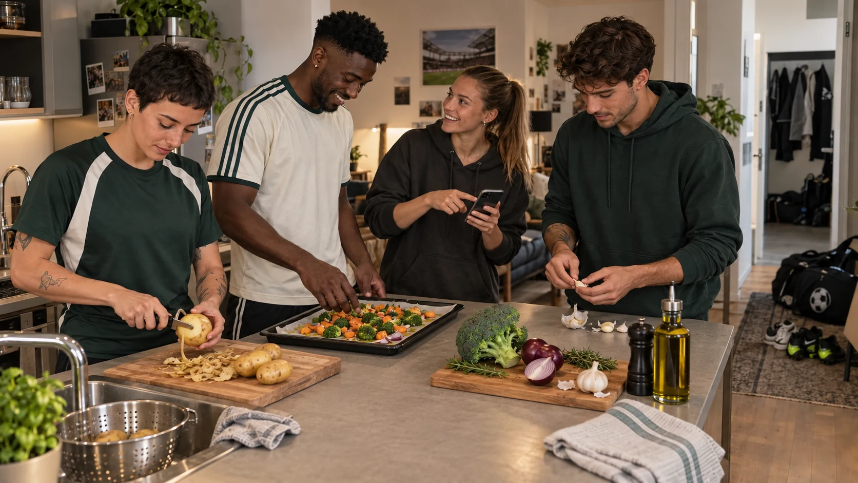 Dos mujeres y dos hombres deportistas preparan la cena en un piso compartido, con una tabla de cortar, peladuras, ajos y una bandeja de horno en uso