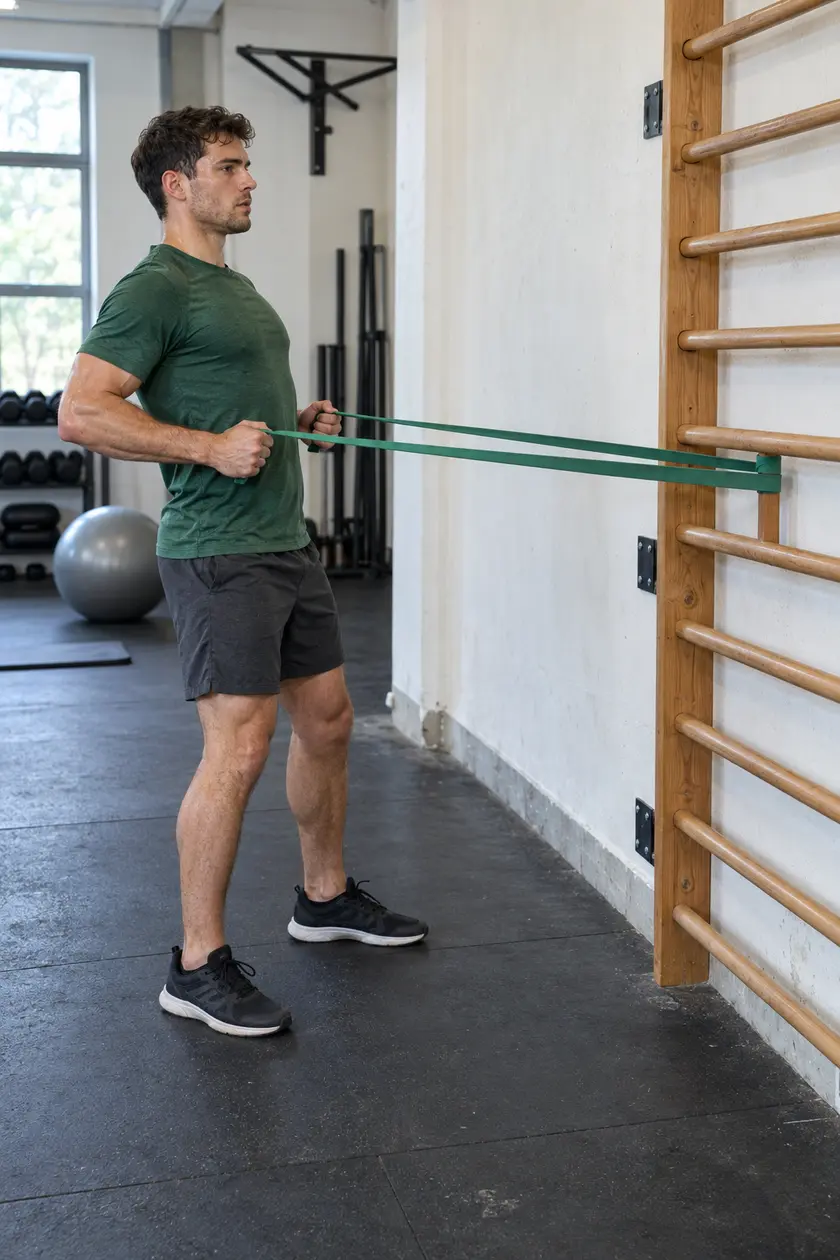 Un deportista realiza un remo con banda elástica en una sala de entrenamiento funcional