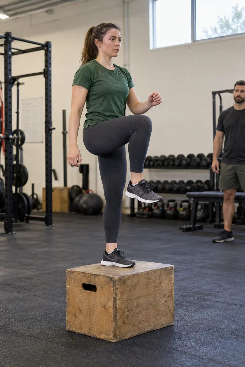 Una deportista practica una subida controlada a un cajón en una sala de entrenamiento de club