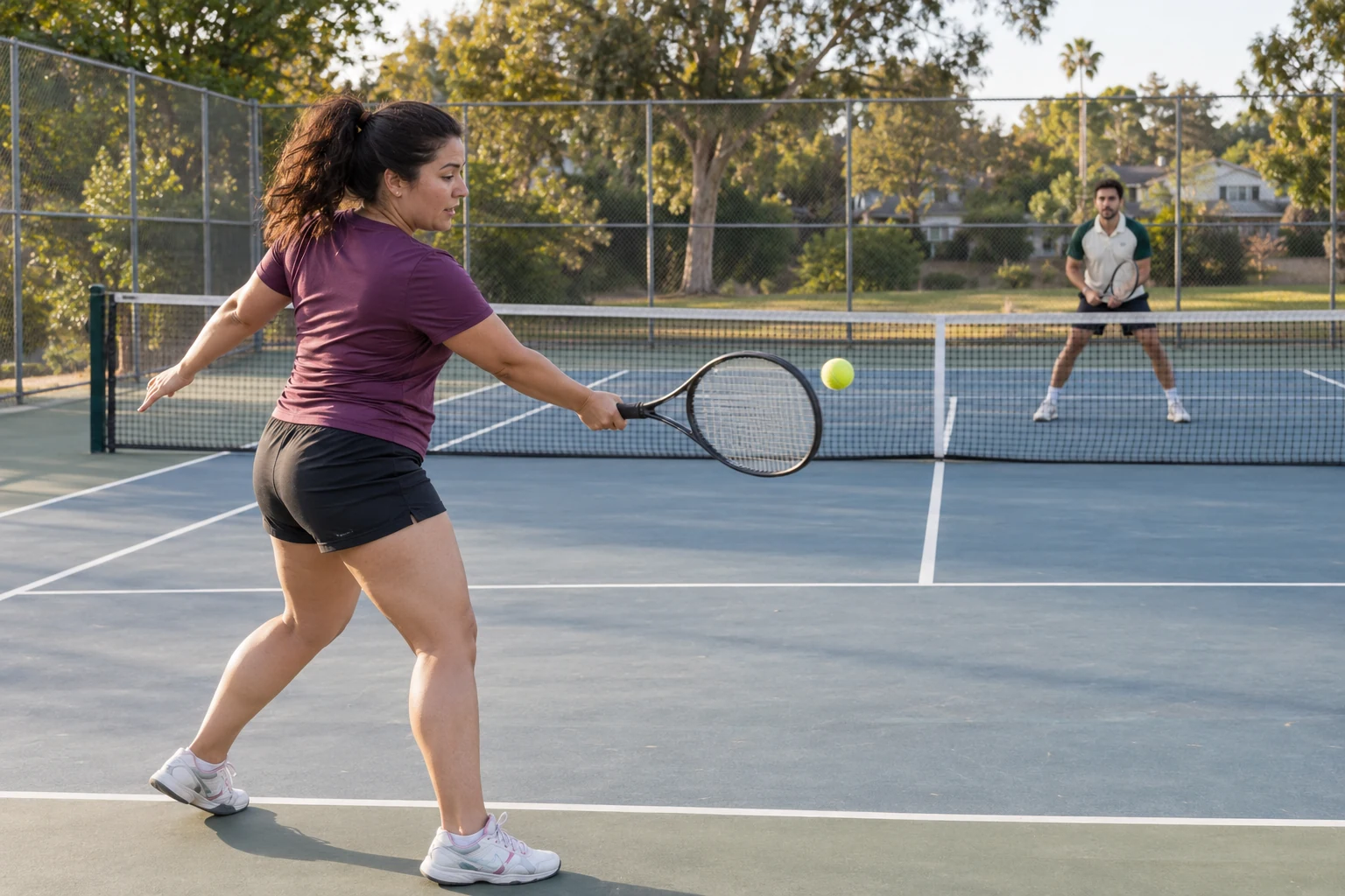 Una tenista y un tenista practican un intercambio de golpes en una pista de tenis